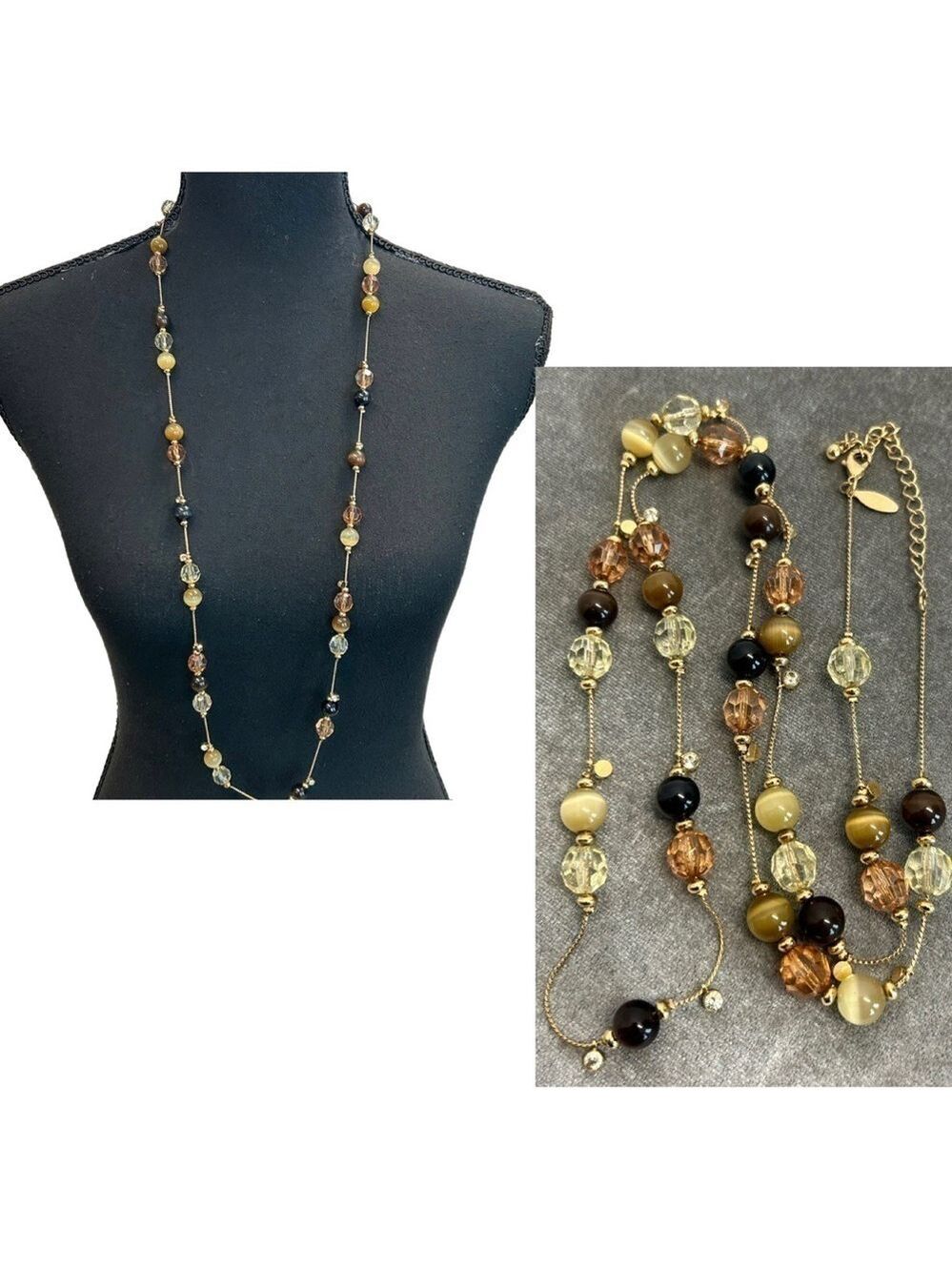 LATASIA black tan brown cream gold tone long beaded necklace